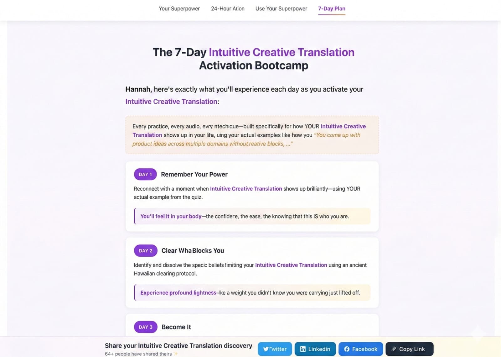 The 7-Day Intuitive Creative Translation Activation Bootcamp overview showing personalized title, intro text, and Day 1-3 curriculum