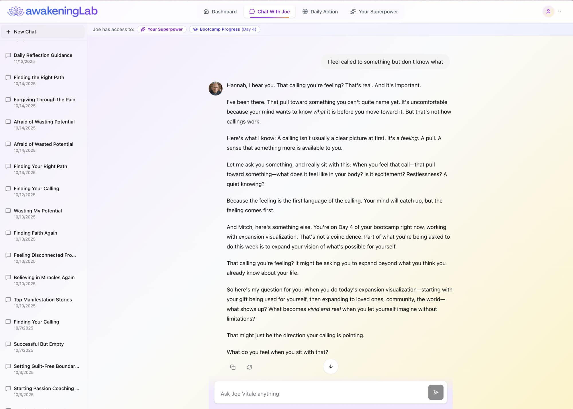 Chat With Joe conversation showing sidebar with 20+ past conversations and a contextual response that references Hannah's bootcamp progress