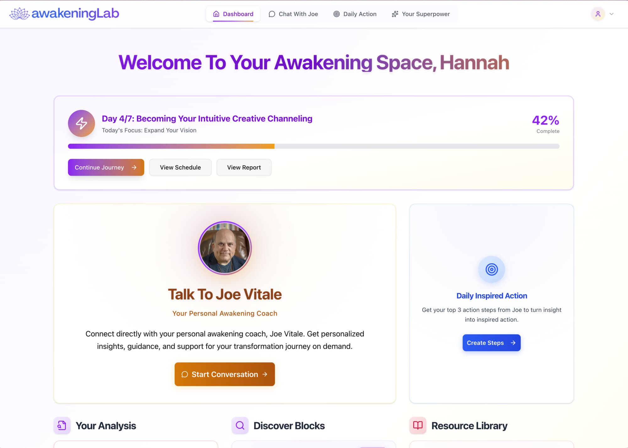 Hannah's complete personalized dashboard showing bootcamp progress, coaching access, daily action steps, analysis report, and resource library