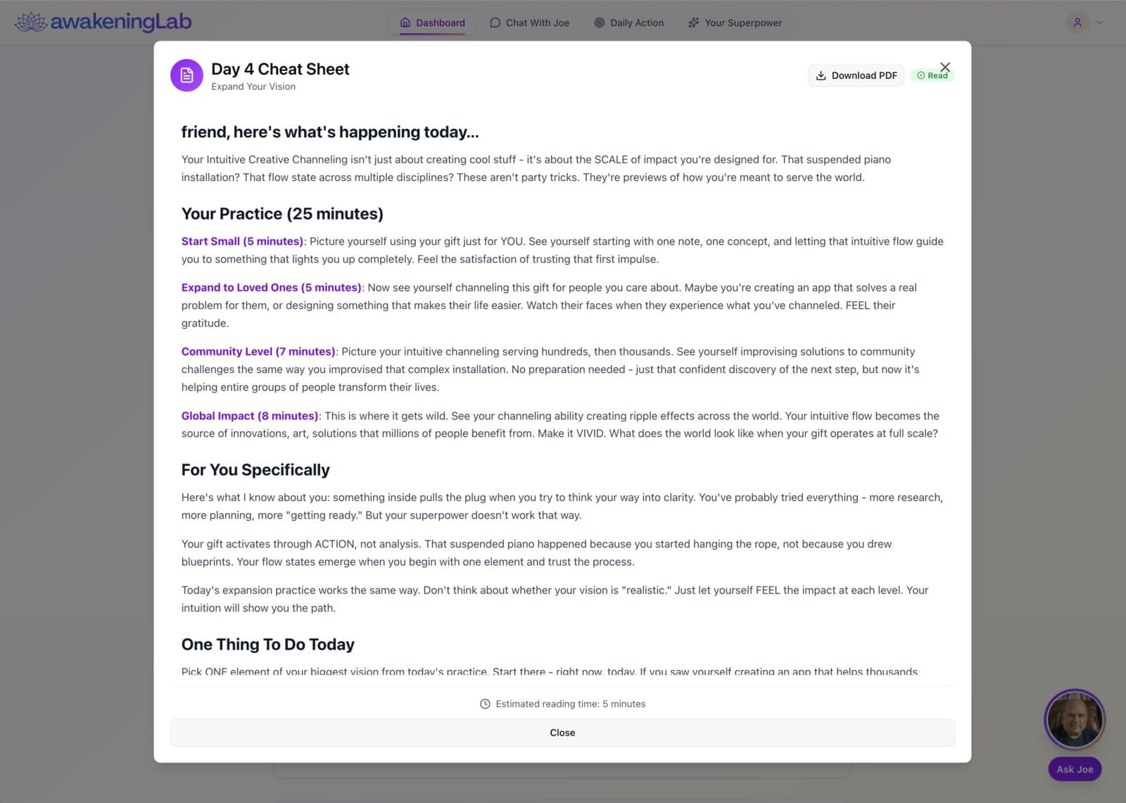 Day 4 daily action cheat sheet with personalized content